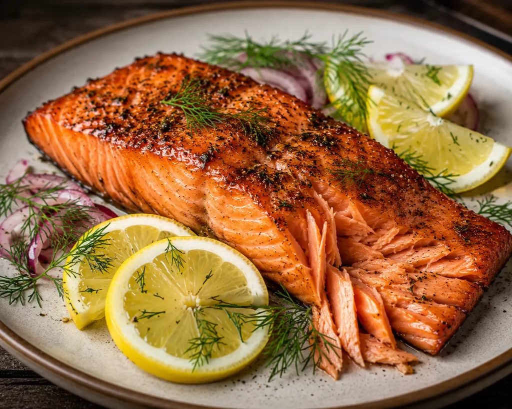 Smoked salmon plated with lemon wedges and fresh dill