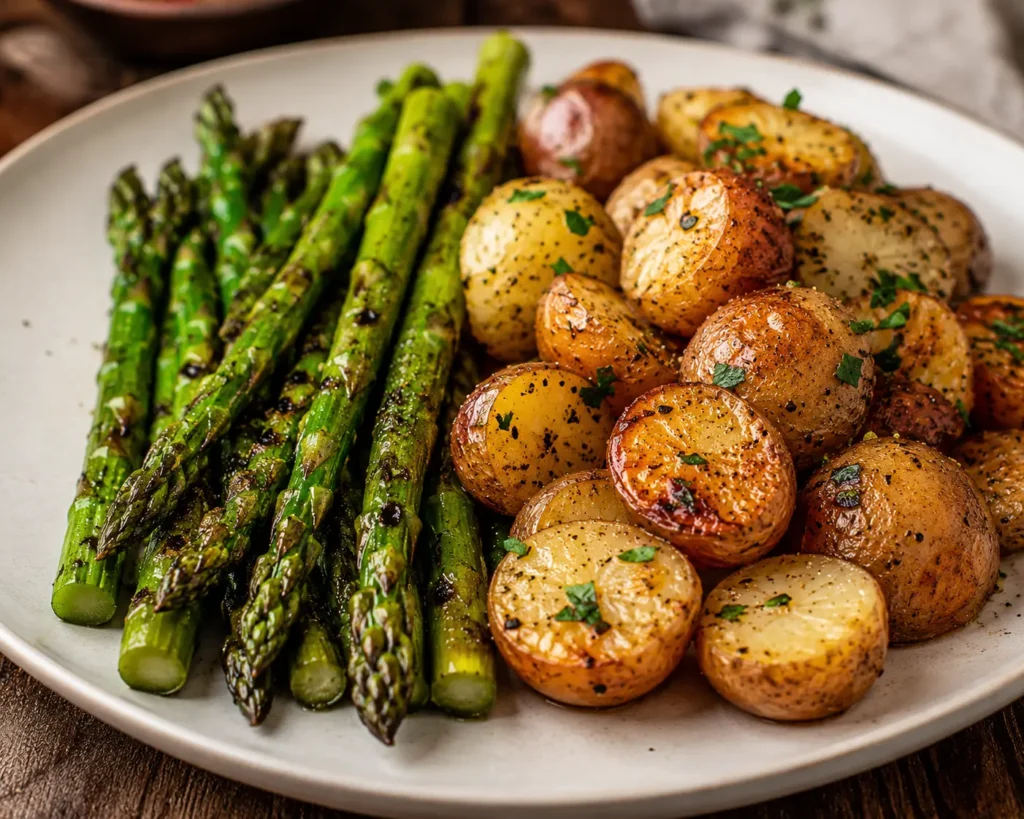 Smoked salmon served with grilled asparagus and roasted potatoes