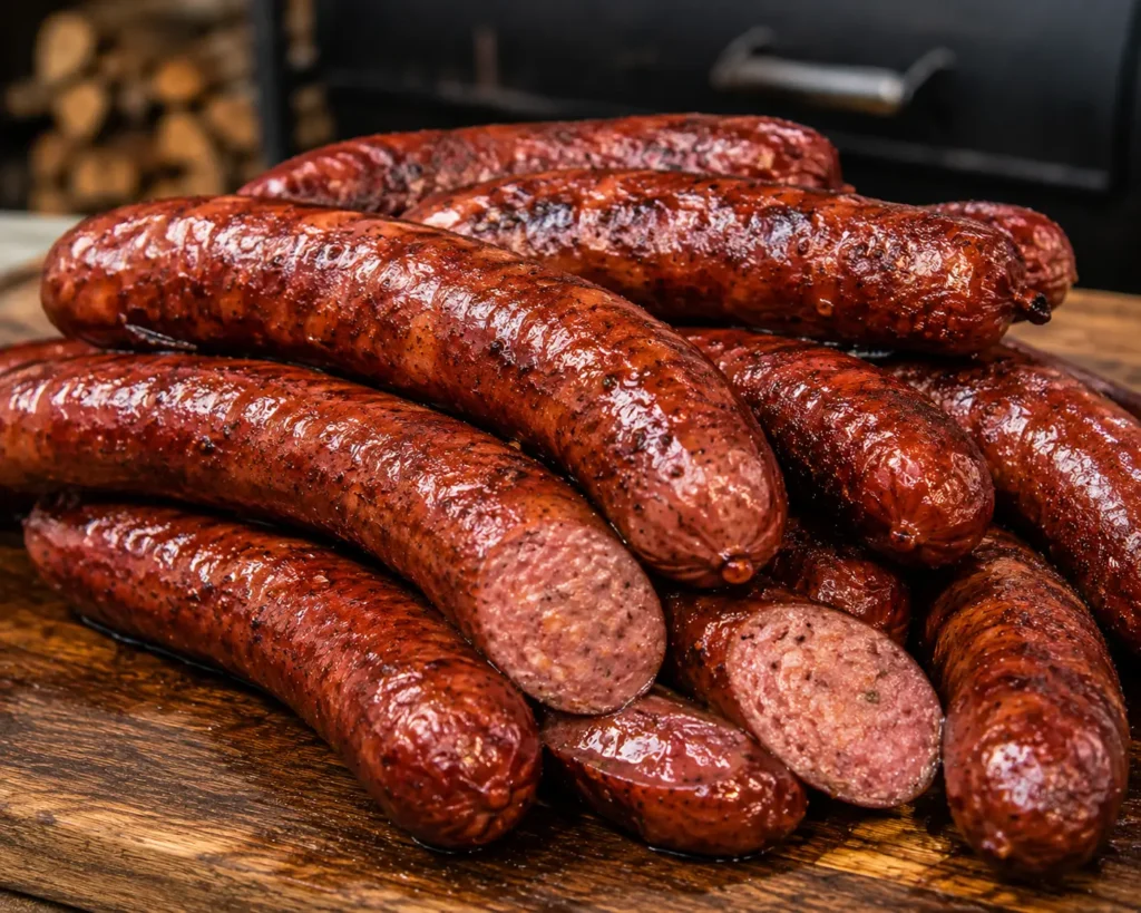 "Sausage links smoking in an offset smoker"