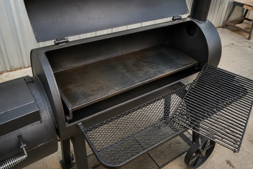 Steel baffle plate inside reverse flow smoker chamber