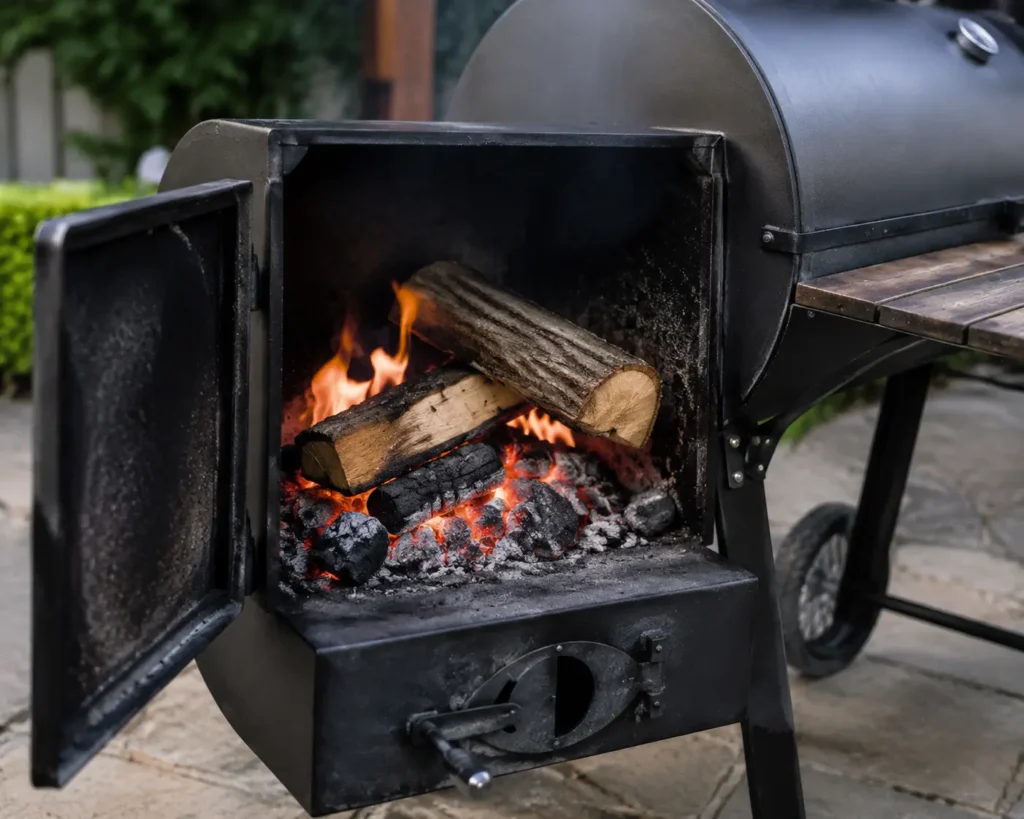 Firebox of a smoker loaded with charcoal and wood