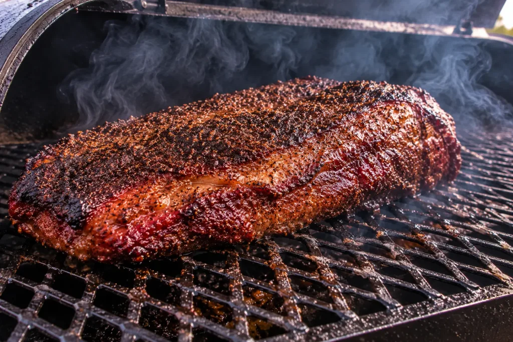 Brisket resting on the grate of an offset smoker during a catering cook