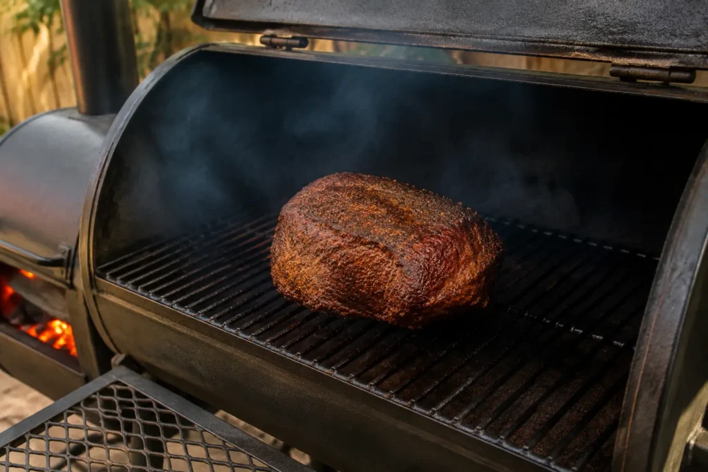 Beef chuck roast cooking on the grate inside an offset smoker at 250 degrees