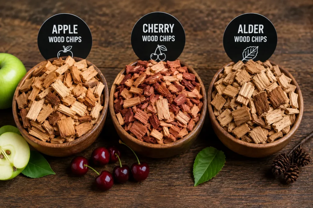 Apple, cherry and alder wood chips used for smoking salmon