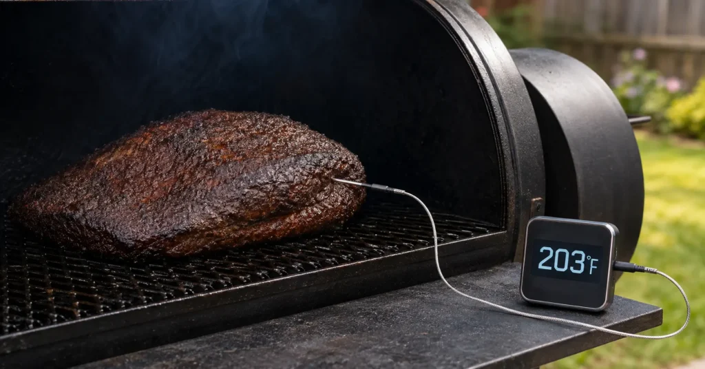 Digital probe thermometer for temperature control while smoking with mesquite