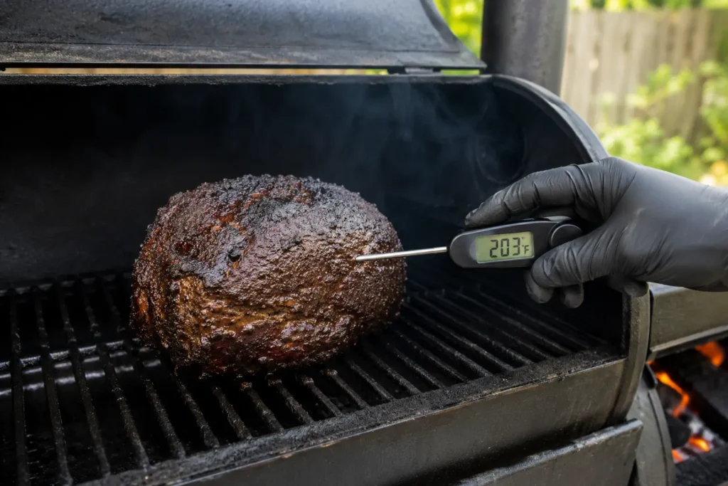 Instant read thermometer probe inserting into smoked chuck roast to test tenderness
