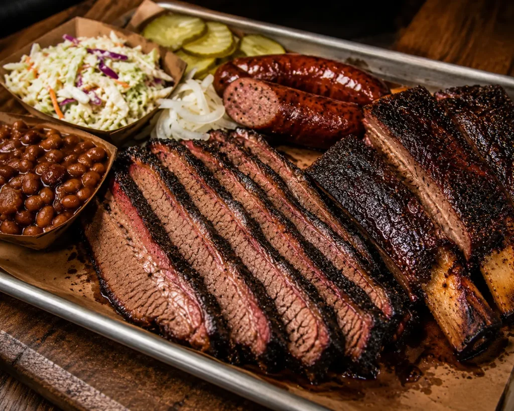 "Finished Texas BBQ platter with brisket, ribs, and sausage"