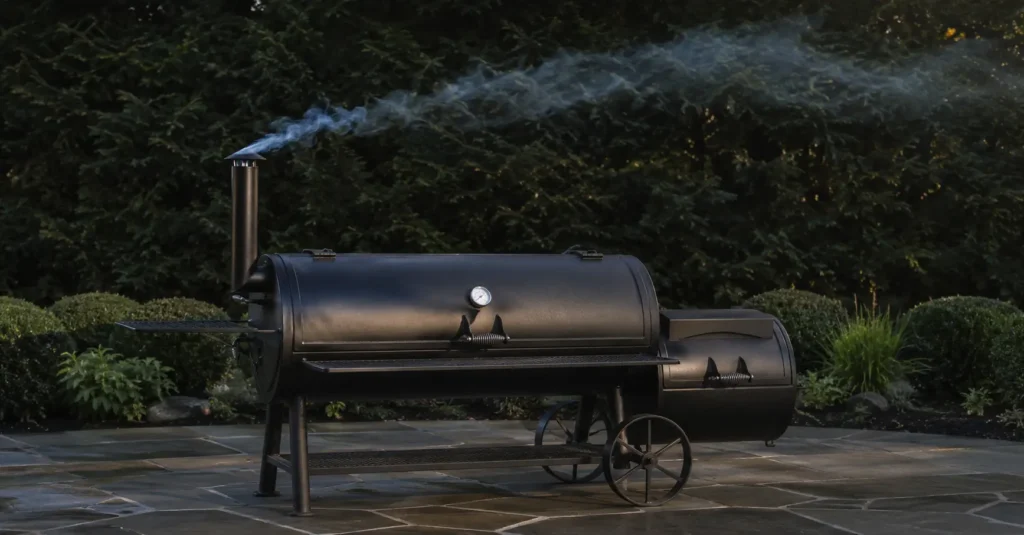 Thin blue smoke from offset smoker chimney