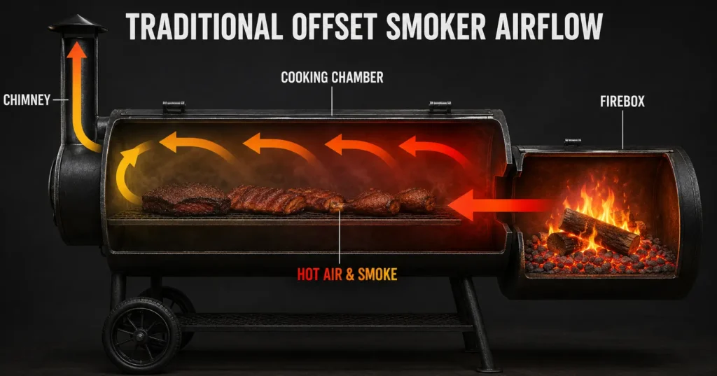 A traditional offset smoker with side firebox and chimney on opposite end