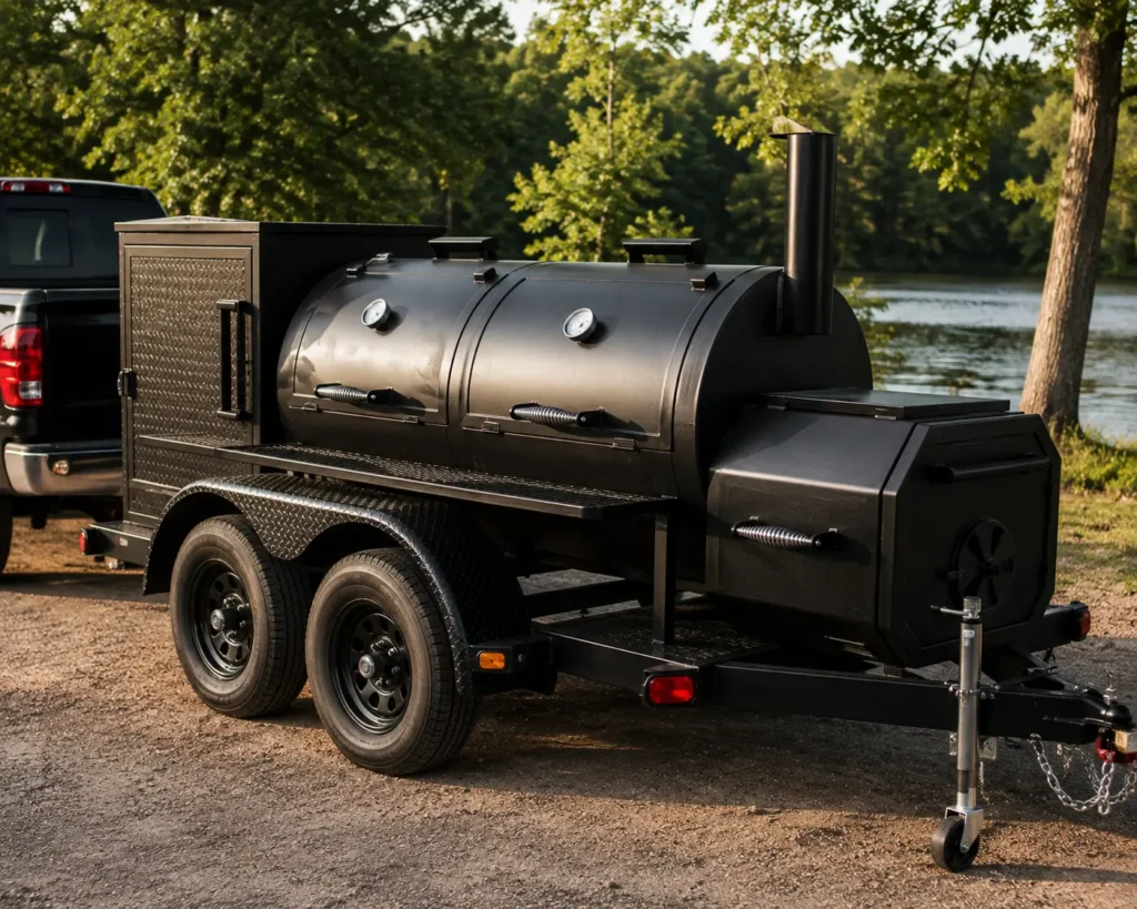 Trailer-mounted offset smoker being towed to a catering venue