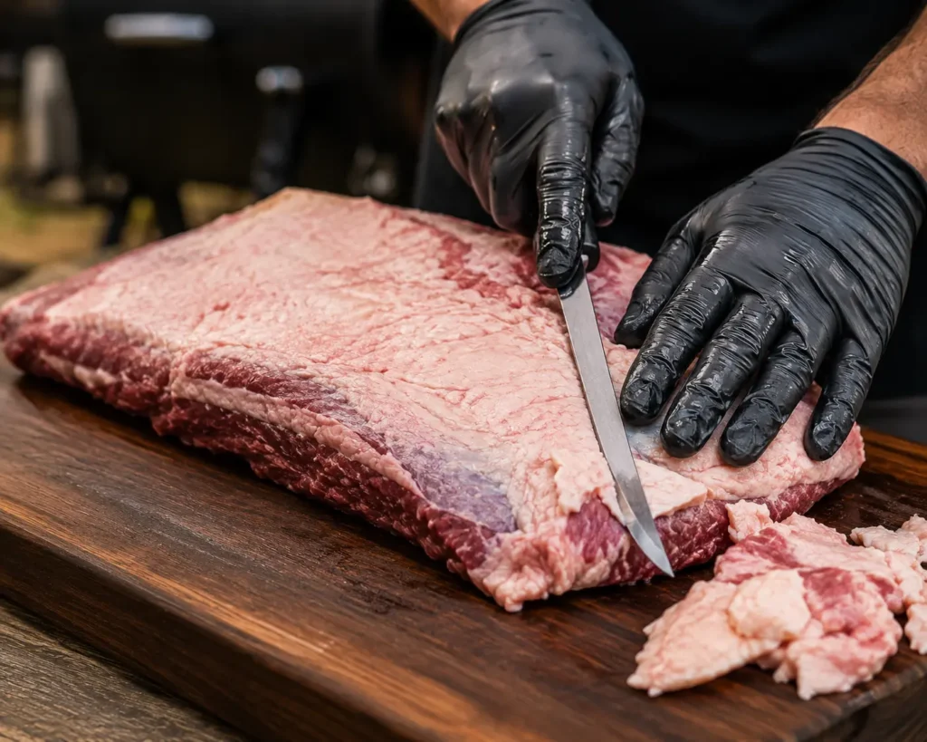 Trimming fat cap on raw beef brisket before smoking"