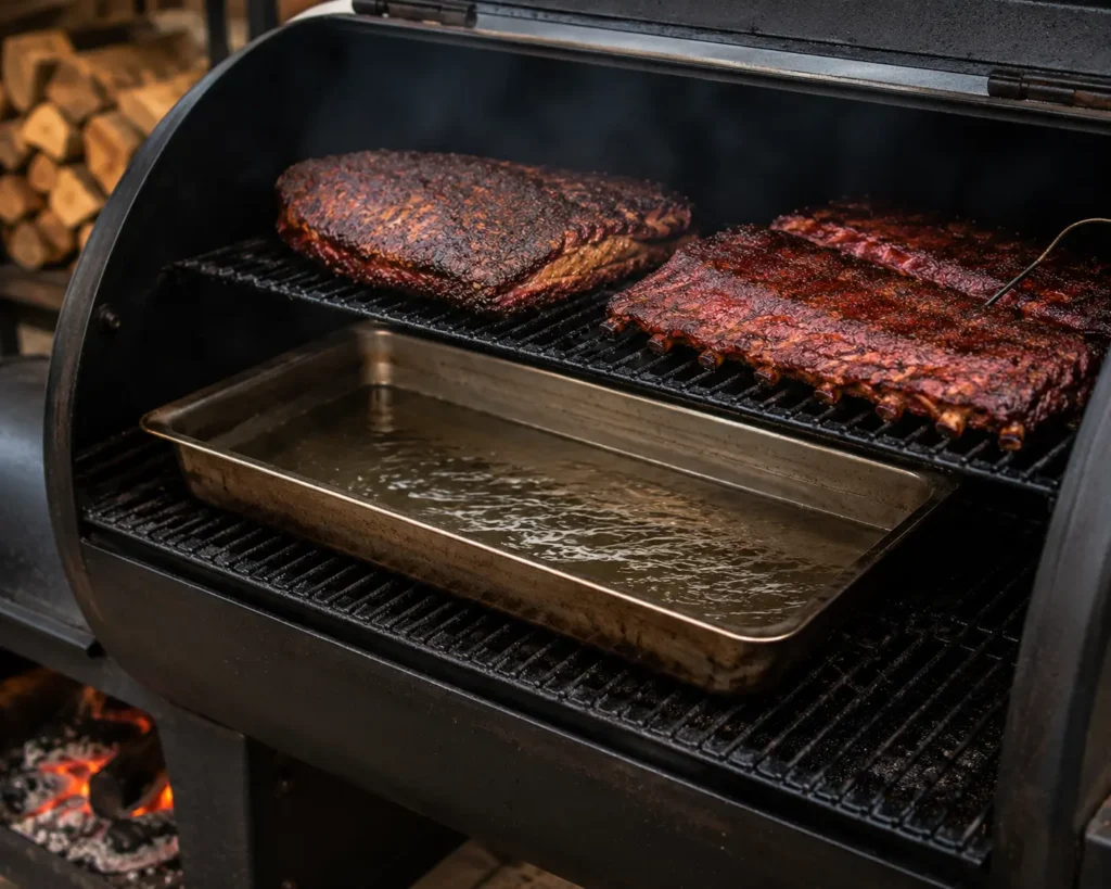 "Water pan placed inside offset smoker cooking chamber"