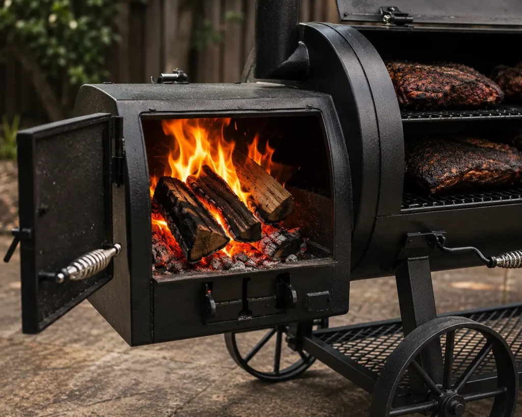 	Wood burning inside standard offset smoker firebox