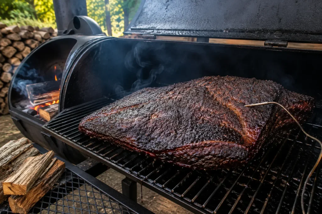 Brisket smoking over post oak wood in an offset smoker