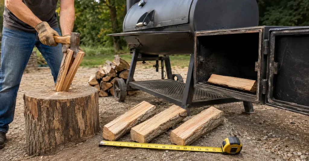 Properly sized wood splits ready for an offset smoker firebox