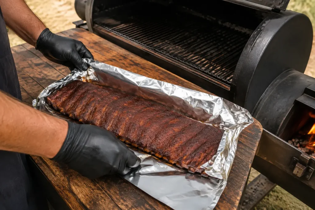 Pork ribs being wrapped in aluminum foil with butter and seasoning during the smoking process