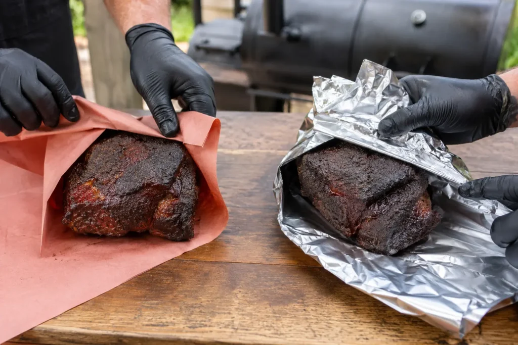 Wrapping smoked chuck roast in heavy duty aluminum foil with beef broth