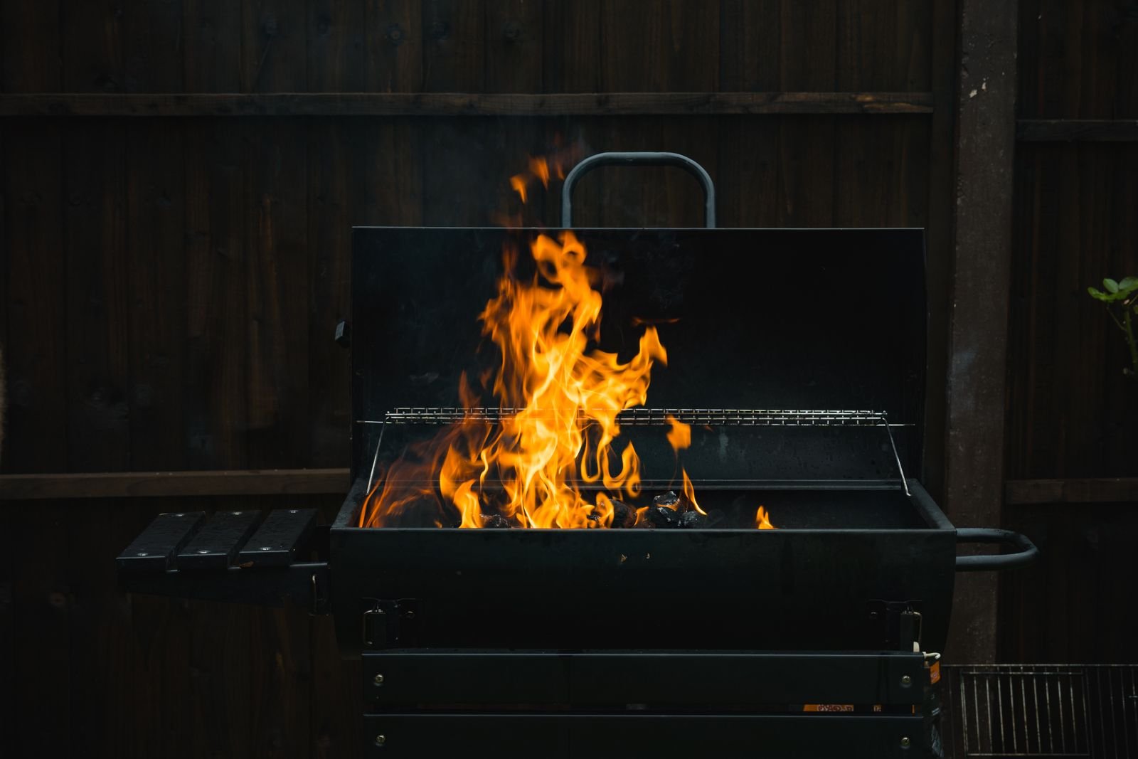 Charcoal and wood fire flames in a firebox