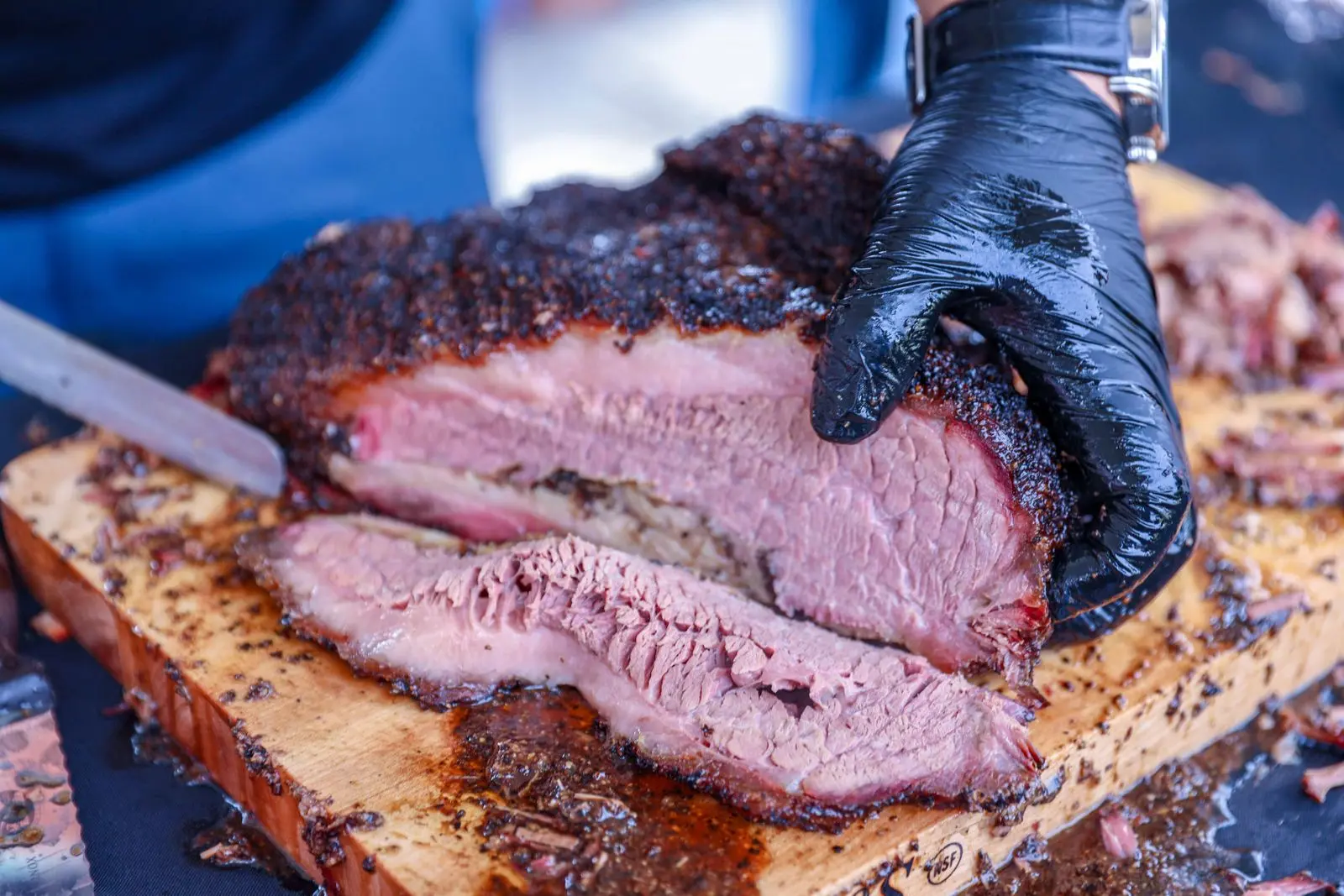 Sliced smoked brisket with smoke ring